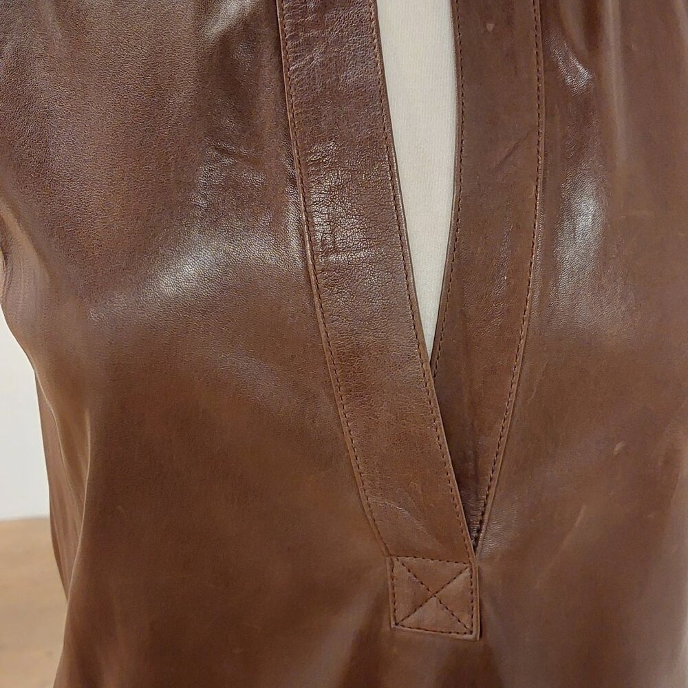 Vince. Brown Leather Sleeveless Short Dress w/pockets Size: 2 - Picture 7 of 10